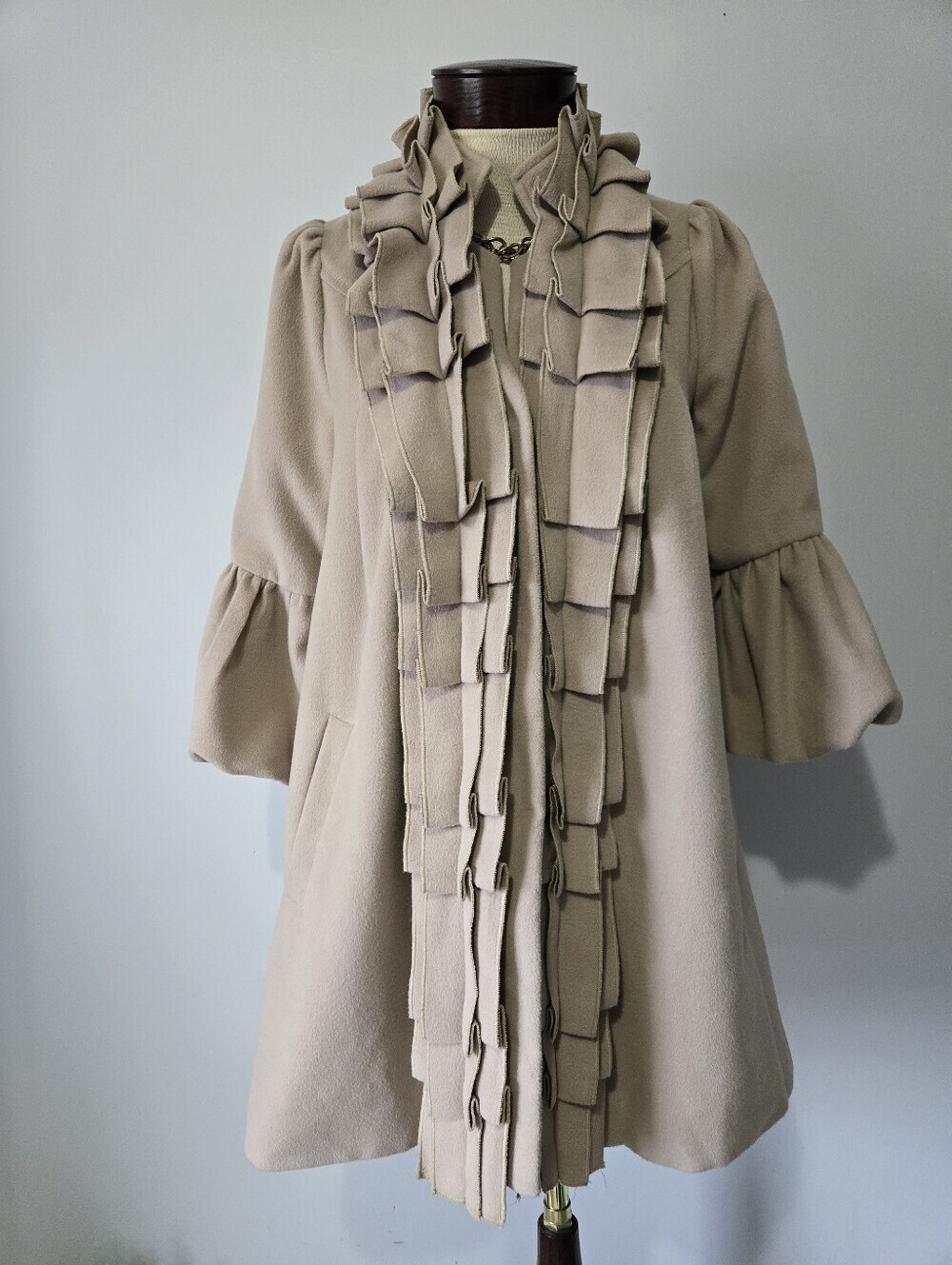 A'REVE Anthropologie Beige Ruffled Front Coat. Size Small